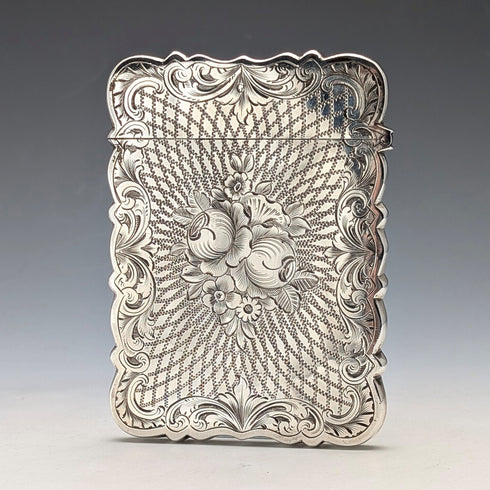 1863年 英国アンティーク フローラル彫刻 純銀製カードケース 57g Hillard&Thomason